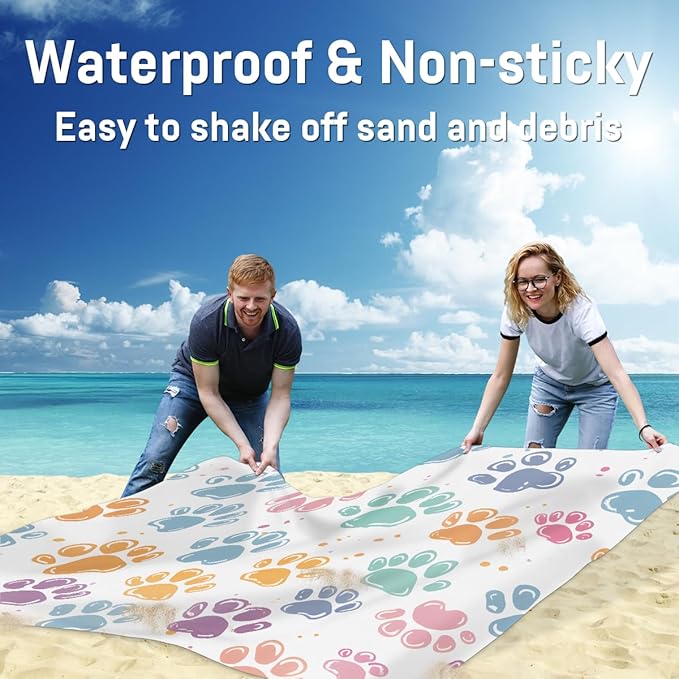 Waterproof Sandproof Beach Blanket 59''×68'' Animals Cats Footprints Polyester Outdoor Picnic Blanket with 4 Stakes &amp Storage Bag for BeachCampingVacation White