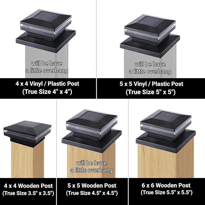 Dynaming 6 Pack Solar Post Cap Lights Outdoor Decorative Solar Lights Black Shell Caps Fit 4x4 5x5 6x6 Vinyl/Wooden Posts Brightness Warm White LED Lighting for Garden Fence Deck Patio