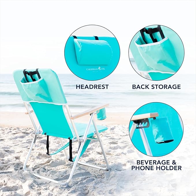 CARIBBEAN JOE Folding Beach Chair 4 Position Portable Backpack Foldable Camping Chair with Headrest Cup Holder and Wooden Armrests