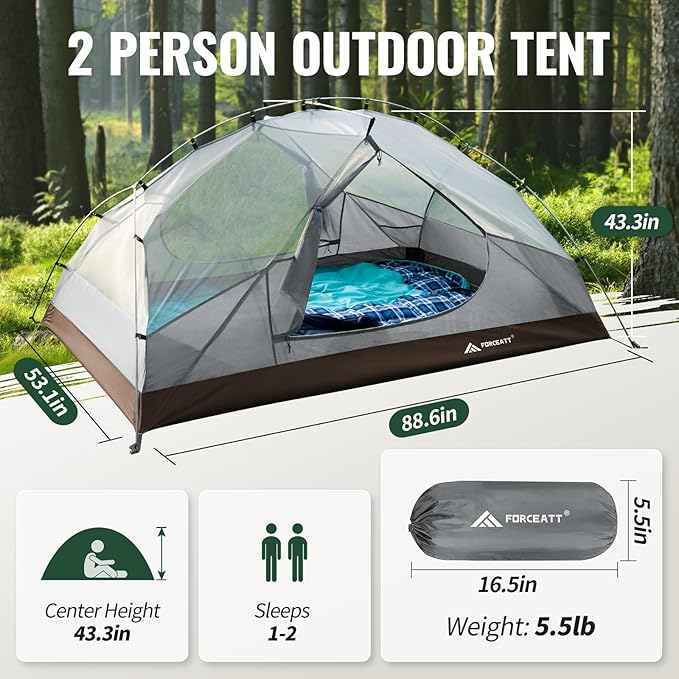 Forceatt Tent for 2 and 3 Person is Waterproof and Windproof Camping Tent for 3 to 4 SeasonsLightweight Aluminum Pole Backpacking Tent Can be Set Up QuicklyGreat for Hiking