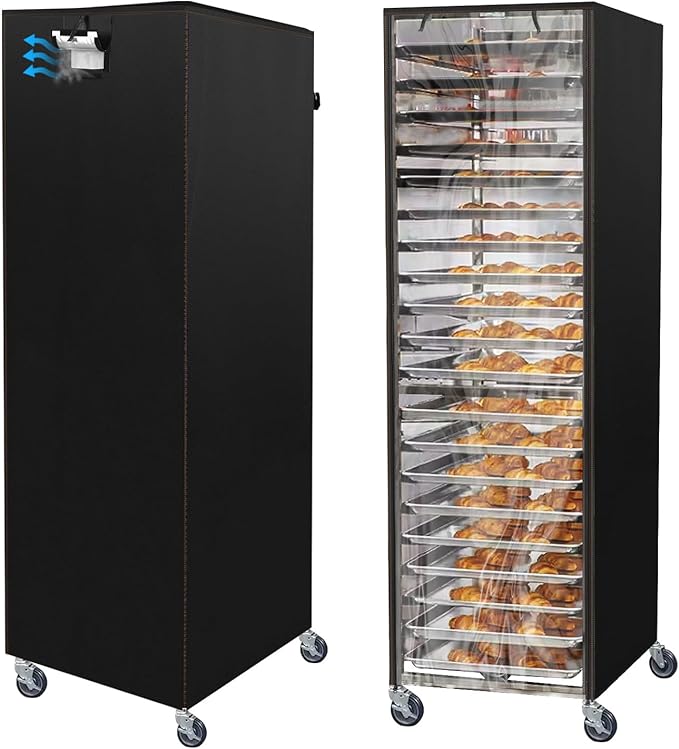 Sheet Bun Pan Rack Cover Speed Rack Cover with Zipper for 20 Tier/ 10 Tier Commercial Bakery Racks 23x28x61 Waterproof Bread Rack Cover with Clear Roll-Up Door &amp Breathable Mesh Vent(20 Tier)