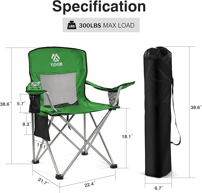 Elevon Camping Chair Portable Folding Outdoor Chair with Arms Cup Holder and Carry Bag