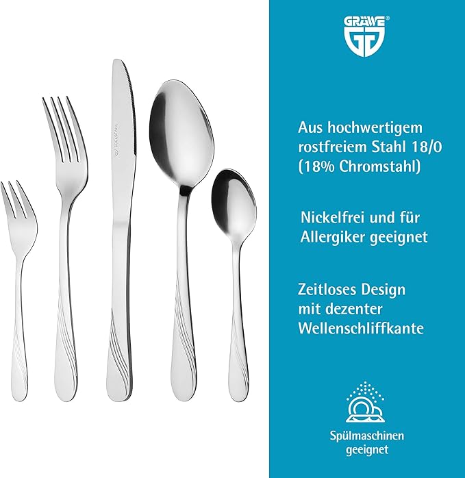 GRÄWE cutlery set for 6 persons made of stainless steel table cutlery set nickel free stainless hand polished dishwasher safe - Stralsund Series