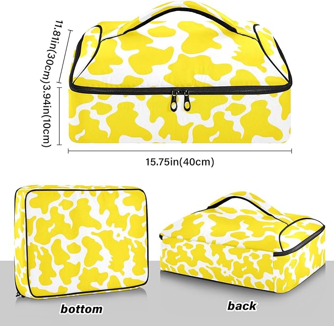 Casserole Carrier Yellow and White Cow Print PatternInsulated Casserole Carrier for Hot or Cold Food Thermal Lunch Tote for Potluck Parties Picnic Beach Fits 9 x 13 Inches Baking Dish