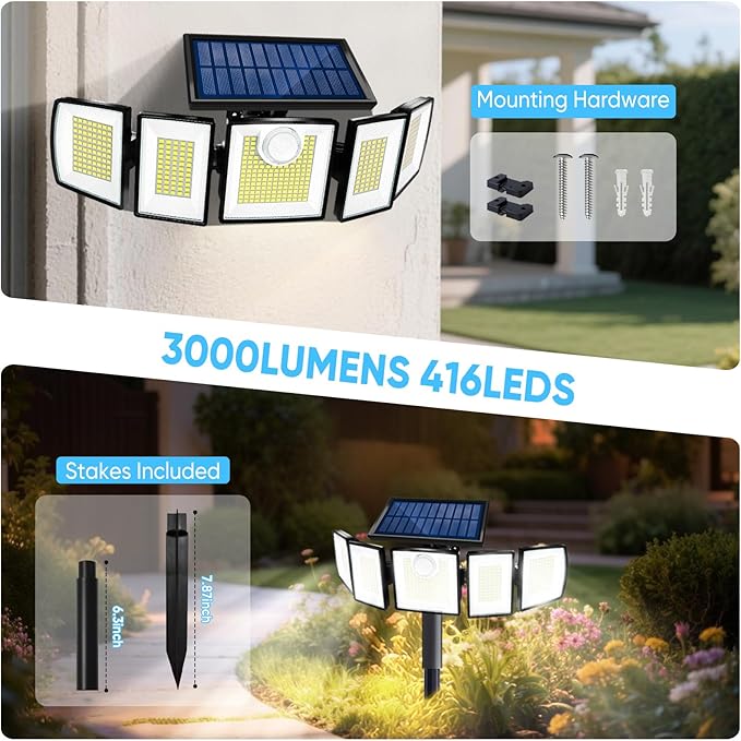 Solar Lights Outdoor Waterproof Motion Sensor - 416 LEDs 3000 Lumens Super Bright 3 Brightness 3 Modes 2400mAh 360° Illumination 32ft Solar Flood Security Light for Outside (with Stakes 2)