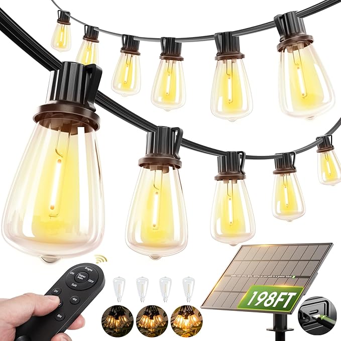 addlon 198FT(192+6) Solar String Lights Outdoor Waterproof 60+4 LED Bulbs Shatterproof Patio Lights with Remote Dimmable &amp Timing Hanging Lights for Garden Backyard Party Wedding Camping Decor