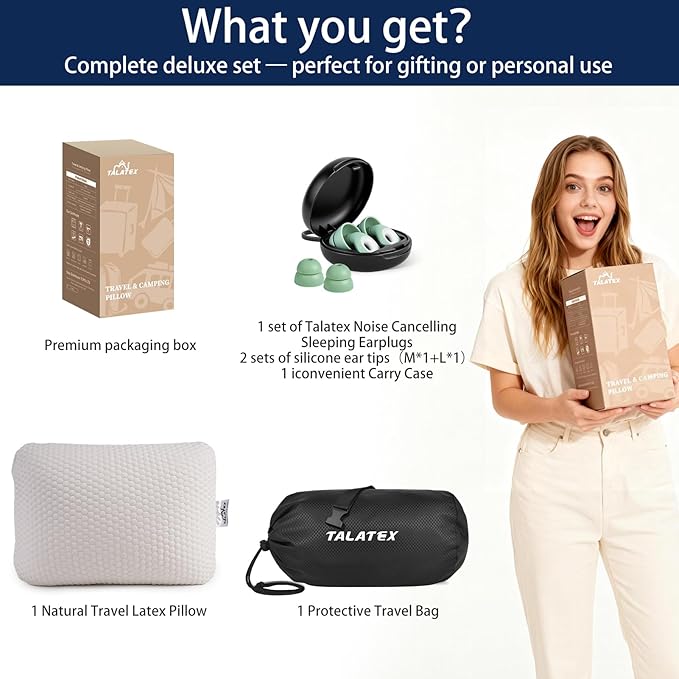 Talatex 100% Natural Premium Talalay Latex Travel Pillow Camping Pillow Small Camping Pillow with Compressible Stuff Sack No Memory Foam Chemicals with Washable Cover (Soft Latex 1)
