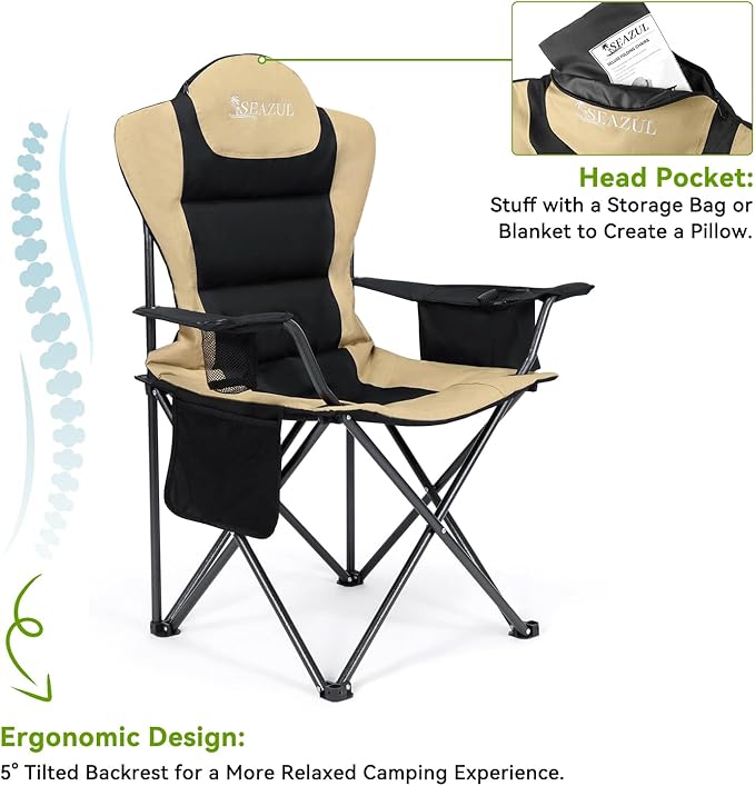 Camping Chairs for Adults Heavy Duty Camping Chairs 2 Pack Folding Chairs for Outside Support 380 LBS Portable Travel Outdoor Camp Chair with Cup Holder &amp Cooler Bag Sports Chairs Khaki