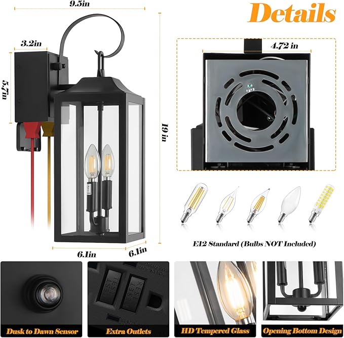 Large Porch Lights with GFCI Outlet 19 Black Dusk to Dawn Outdoor Wall Lantern 2-Light Exterior Lighting Fixtures with GFCI Outlet Built-in Waterproof Outdoor Wall Sconce for House Front Door
