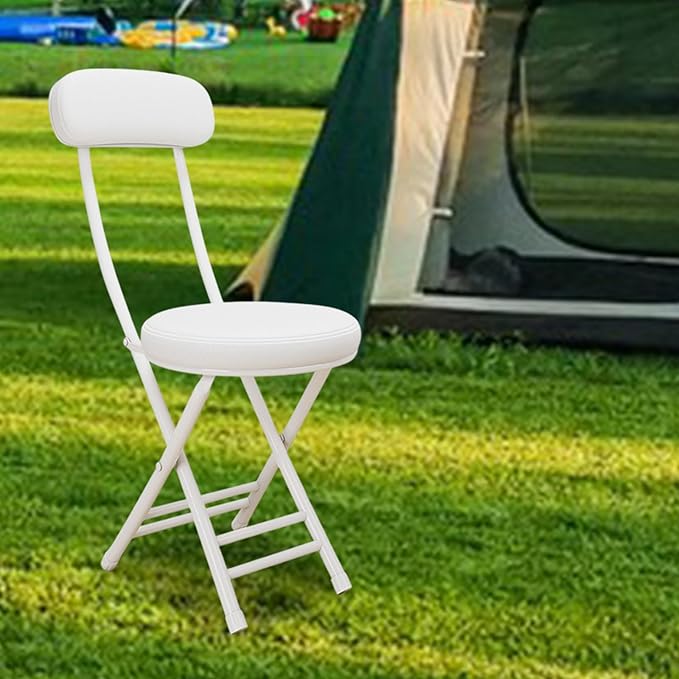 Folded Camping Chair Padded Folding Stool Compact Easy to Carry with Back Rest Metal Frame for Dining Room Shop Indoor Garage White