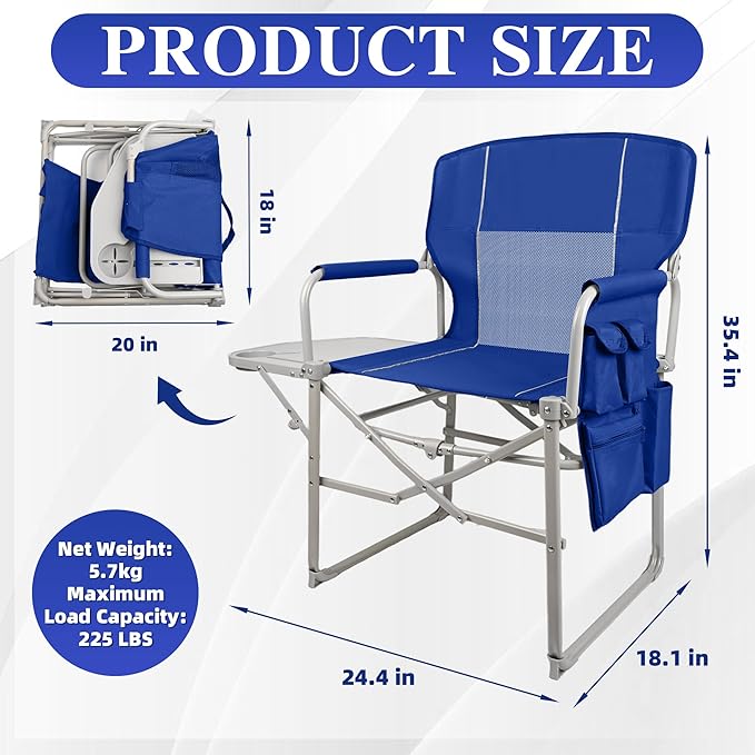 Camping Directors Chair Portable Folding Chair with Side Table and Pocket for Beach Camping Lawn &amp Fishing Navy