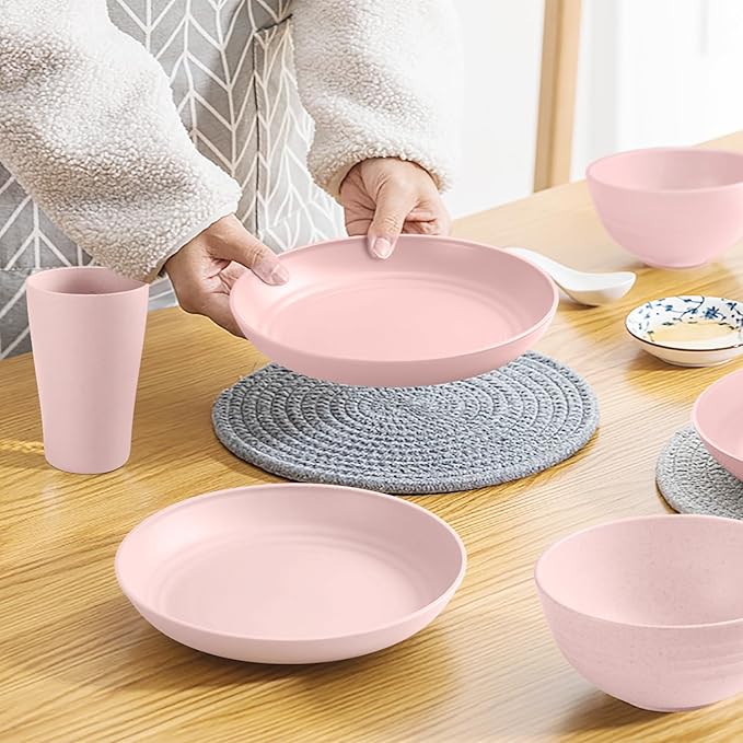 Teivio 32-Piece Kitchen Plastic Wheat Straw Dinnerware Set Service for 8 Dinner Plates Dessert Plate Cereal Bowls Cups Unbreakable Colorful Plastic Outdoor Camping Dishes Pink