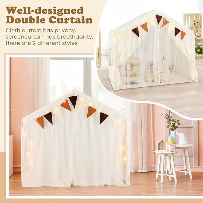 INFANS Kids Play Tent Large Size Playhouse with Washable Cotton Mat Star Light Windows Plaid Pennants 57.5” x 38” x 52.5” Indoor Outdoor Princess Tents Castle for Toddlers Age 3+ Years Old