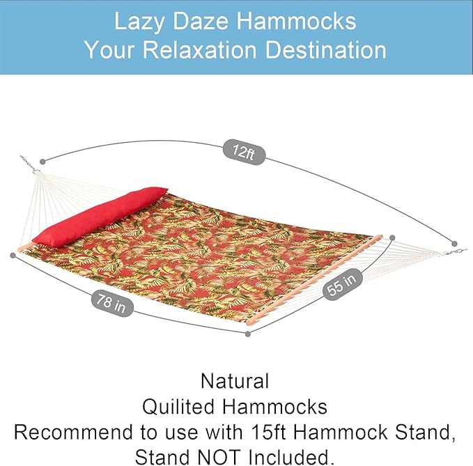 Lazy Daze Hammocks 12FT Quilted Fabric Hammock with Soft Pillow Double 2 Person Tree Hammock with Spreader Bar for Outside Patio Poolside Backyard Beach 450 lbs Capacity Red Leaf