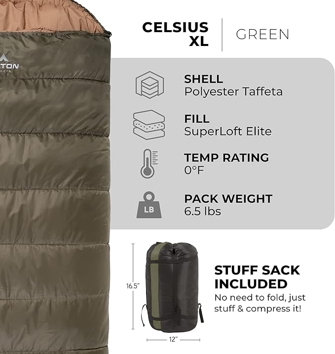 Teton Celsius XL 25F 20F 0F Degree Sleeping Bags All Weather Warm Sleeping Bag for Adults and Kids Camping Season Compression Sack Included