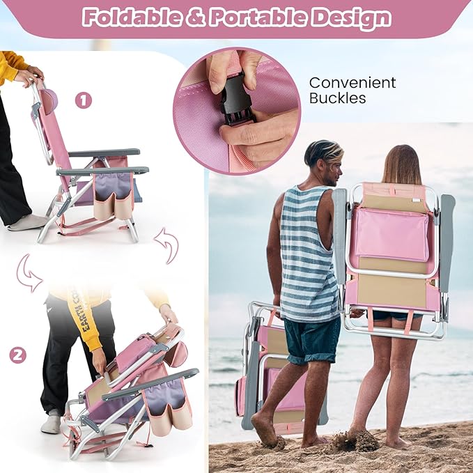Goplus Beach Chair Folding Backpack Beach Chairs for Adults with 5 Positions Head Pillow Cooler Bag Towel Bar Cup Holders Sunbath Sling Tanning Lounge Foldable Layout Camping Chairs