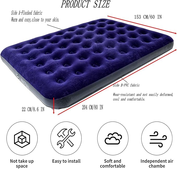 Queen Size Double Camping Air Mattress Bed with Air PumpInflatable Mattress80x 60Thickened Portable Blow Up Air MattressTravel Sleeping Bed Pad for Camping Home Hiking