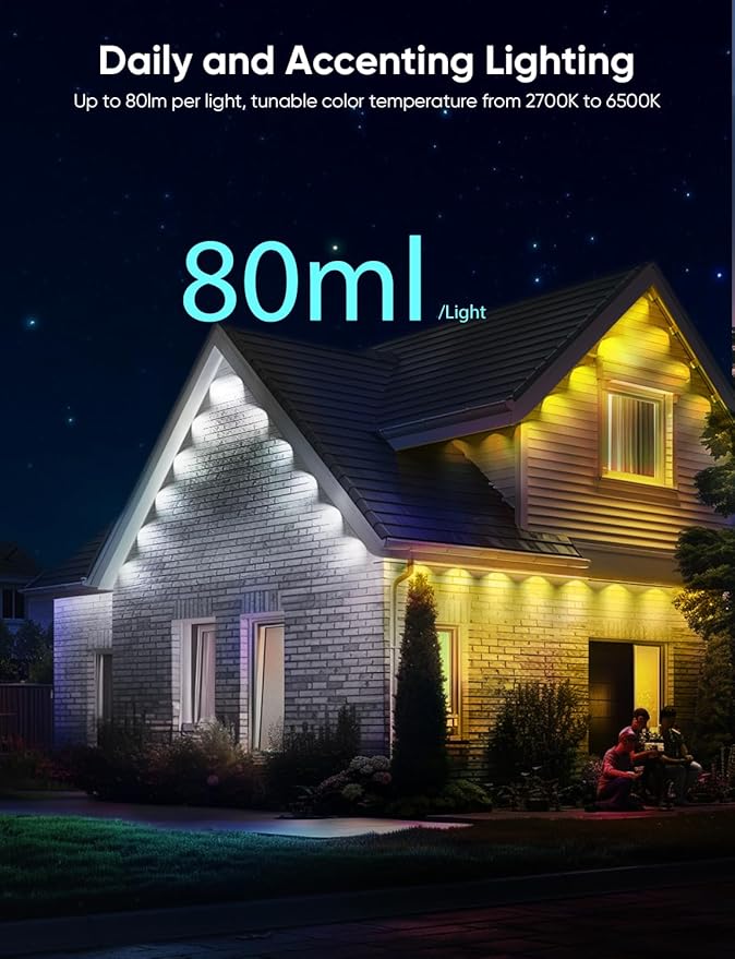 APPECK Permanent Outdoor Lights Pro 100ft 72W RGBCW Eaves Lights with 72 LED Lights 80lm Cuttable 111 Scene Modes IP67 Waterproof Lighting for Christmas Decoration Compatible with Alexa White