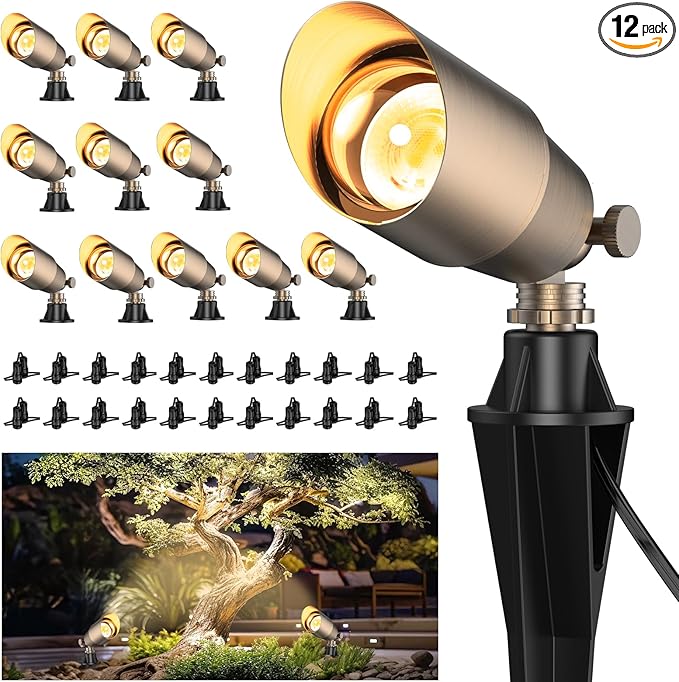 ZONEGRACE Solid Brass Outdoor Uplights &amp Accent Light Fixtures Heavy Duty 12V Low Voltage LED Landscape Lighting Bronze Wired Spotlights for GardenLawnPatio and Yard Without LED Bulb (12 Pack)
