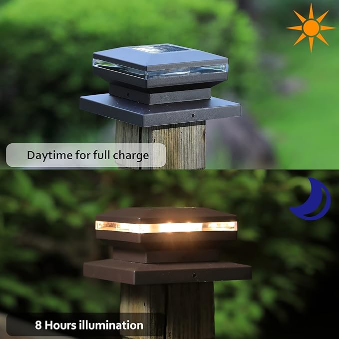 Dynaming 6 Pack Solar Post Cap Lights Outdoor Decorative Solar Lights Black Shell Caps Fit 4x4 5x5 6x6 Vinyl/Wooden Posts Brightness Warm White LED Lighting for Garden Fence Deck Patio