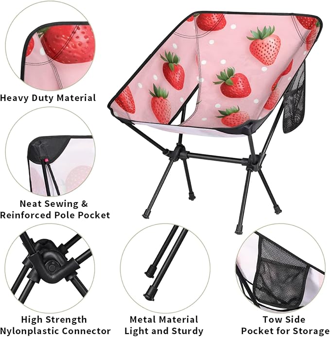 Honeybaby Folding Camping Chair Cute Red Strawberries Camping Chairs Lightweight Portable Chair Outdoor Foldable Chairs for Camping Travel Picnic Beach Hiking
