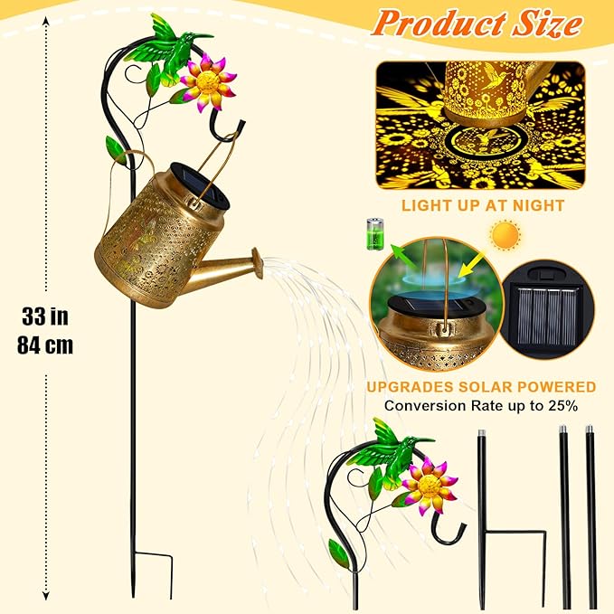 Hummingbird Solar Watering Can Lights Outdoor Waterproof Garden Lanterns with Shepherd Hook Solar Garden Decor for Yard Outdoor Landscape Pathway Gift for Women Mom Grandma Christmas Gifts 2 Pack