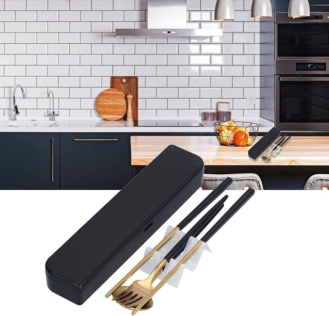 3Pcs Portable Travel Utensils Set Stainless Steel Spoon Fork Chopsticks Dishwasher Safe Cutlery with Anti Shake Groove Compact Kitchen Flatware for School Camping Office (Black gold (black storage