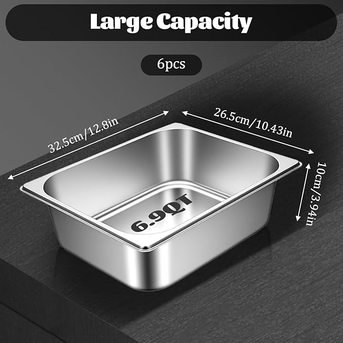 6 Pack Hotel Pans Steam Table Pan 1/2 Size 4 Inch Deep Stainless Steel Steam Table Pans Catering Food Pan Breading Tray for Chafing Dishes Buffet Restaurant