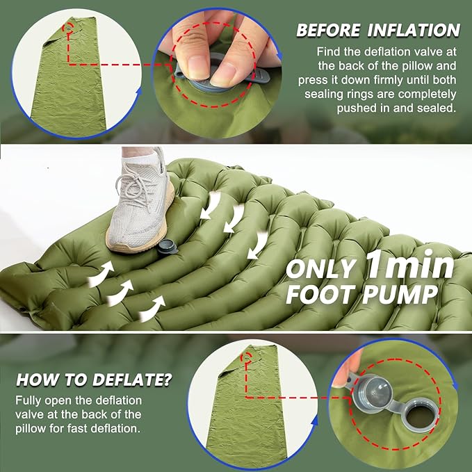 Sleeping Pad for Camping - Ultralight Camping Mattress with Pillow Built-in Foot Pump Compact Inflatable Portable Mat for Backpacking Hiking Car Traveling Beach Tent