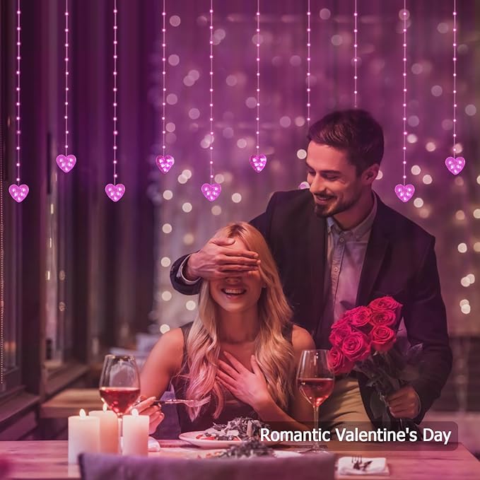 Heart Curtain Lights Valentines Day Decor 10ft x 3.3ft RGB LED Color Changing String Fairy Lights Curtain 200+ Scene Modes for Valentines Day Decorations Bedroom Backdrop Indoor Outdoor