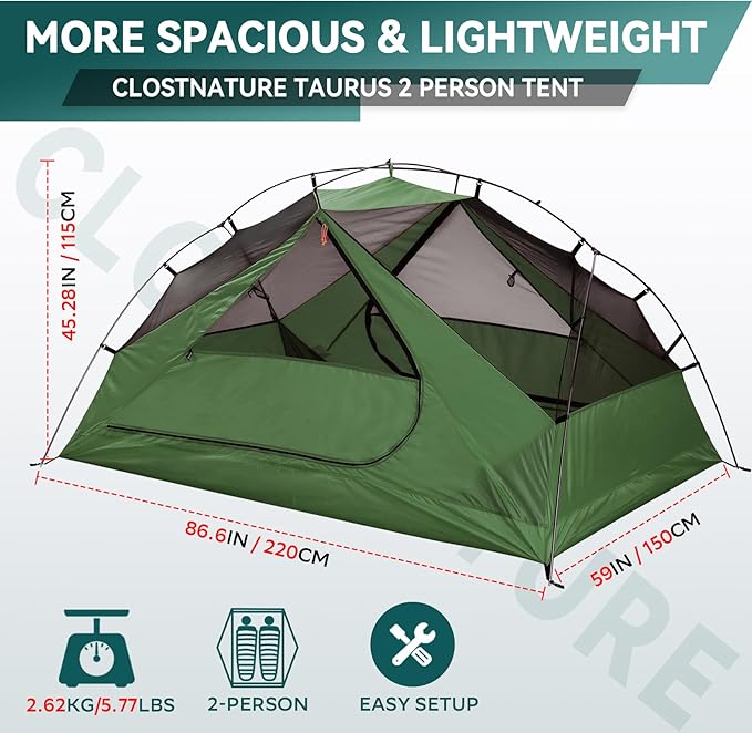 Clostnature 1/2 Person Backpacking Tent - Lightweight Two Person Tent for Backpacking Easy Set Up Waterproof Camping Tent for Adults Kids Scouts Large Size Outdoor Hiking Mountaineering Gear