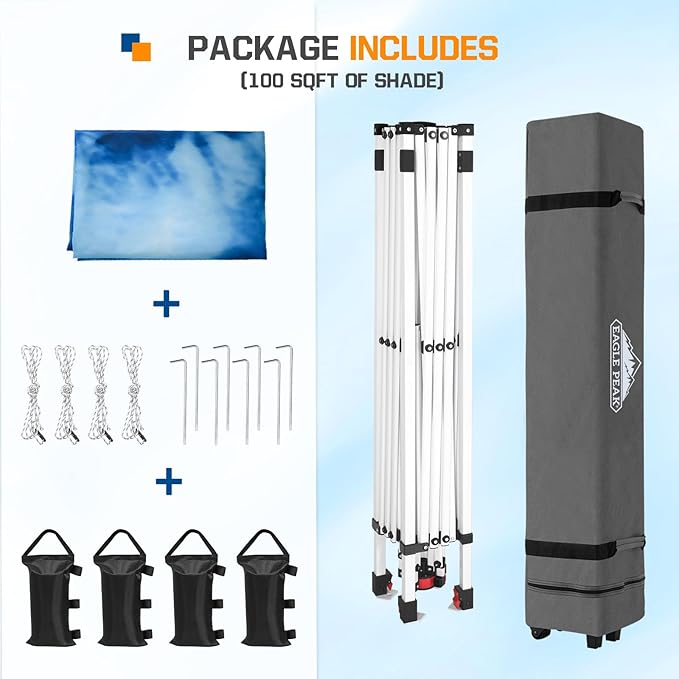EAGLE PEAK Pop Up Canopy Tent with Wheeled Carry Bag 8 Stakes 4 Ropes 4 Weight Bags Easy Set Up Tent Canopy 10x10 ft 100sqft of Shade Tie Dye Blue