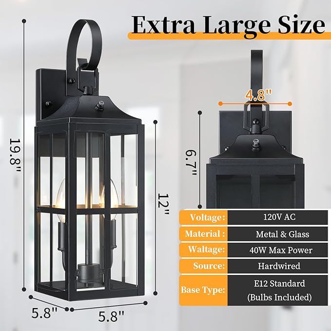 2 Pack 19 Large Outside Modern Wall Sconce Light Fixture Industrial Porch Light Wall Mount with Glass Waterproof Farmhouse Exterior Lamp Lighting Bulbs Included