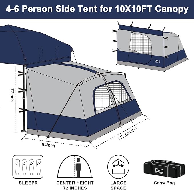 KAMPKEEPER Canopy Side Tent4-6 Person Camping Cube Tent for 10x10 Pop Up CanopiesEasy Up Gazebo with WindowCompatible with 10' Wide Canopy Tents