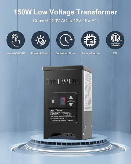150W Low Voltage Landscape Transformer Outdoor Landscape Lighting Transformer with Photocell Sensor &amp Timer 120V AC to 12V/15V AC Stainless Steel Waterproof Transformer Black ETL Listed