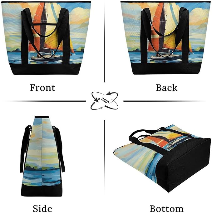 Insulated Shopping BagLarge Reusable Cooler Bags Colorful Sail Boat Printed Foldable Shopping BagTravel Waterproof Shoulder Bag