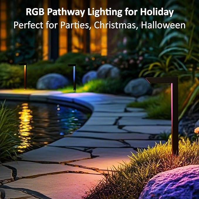 EZlumify Low Voltage Pathway Lights 12V 5W LED RGB Color Changing Wired Landscape Path Lights Outdoor for Walkway Driveway Garden of Christmas Halloween CRI90 Aluminum Bronze ETL Pack of 6