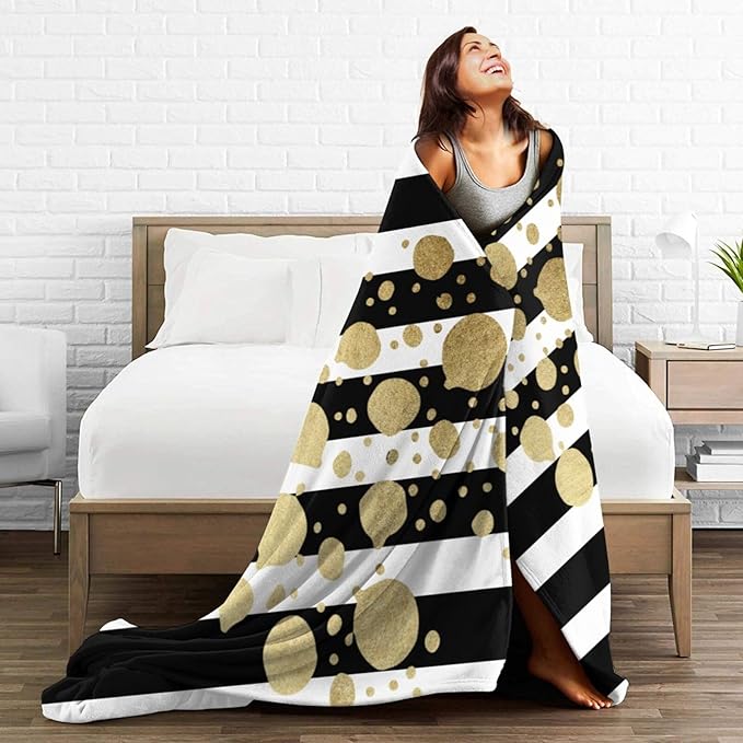 80X60 Faux Gold Paint Splatter On Black &amp White Stripes Lightweight Flannel Blanket - Soft and Breathable Polyester Suitable for Travel Camping and Home Decoration