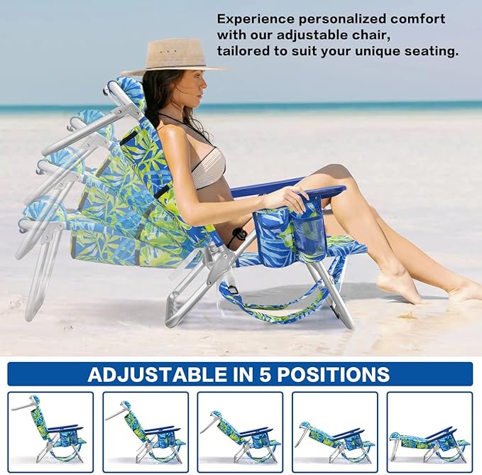 LEMBERI Backpack Beach Chair with Umbrella for Adults1/2 Pack Folding Heavy Duty Camping Chair with Large Pockets and Cup HolderAdjustable high Beach Lounge Chairs with Towel Rack (1 Palm Leaf)