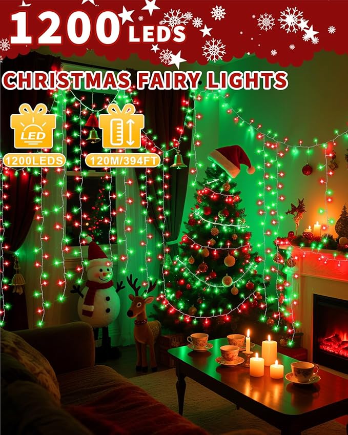Christmas Lights String Outdoor Indoor Xmas Tree Decorations Lights Plug in Twinkle Fairy Light with Remote Timer Dimmable for Room Yard Holiday Party Wedding Decor (Red and Green 403FT 1200 LED)