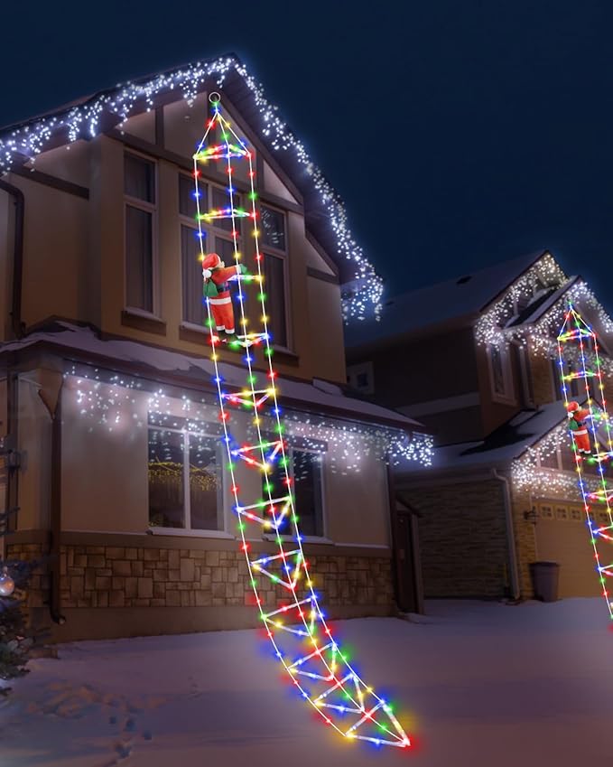 Christmas Decorations Lights Outdoor 9.8ft 3D Christmas Triangle Ladder Lights with Santa Claus Waterproof LED Christmas Lights with 8 Modes for Wall Home Garden Xmas Party Indoor Outdoor Decor