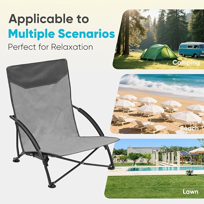Sekey Portable Beach Chair Lightweight Camping Chair with Carry Bag Low Folding Beach Chair for Adults Compact Ourdoor Chairs for Picnic Fishing and Sports Events Gray