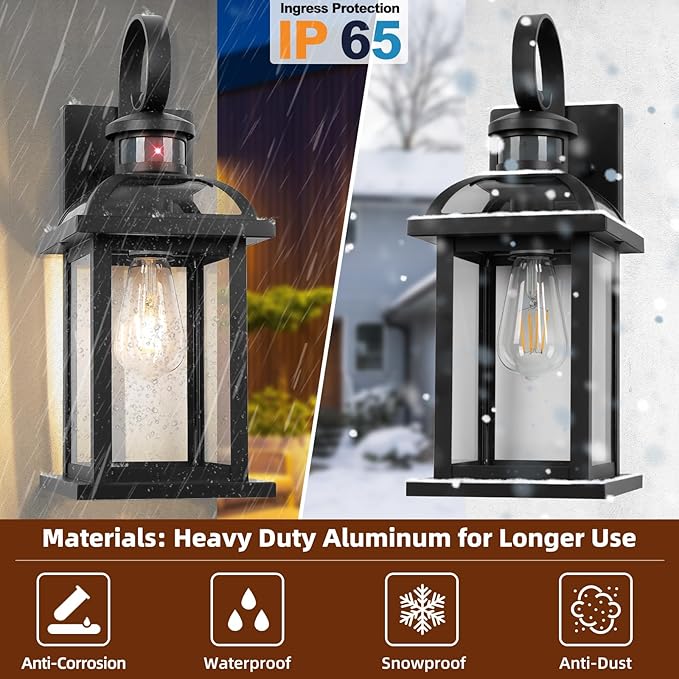 Matte Black Motion Sensor Outdoor Lighting Dusk to Dawn 2-Pack Anti-Rust Aluminum Outdoor Light Wall Mounted House Exterior Light Fixture IP65 Waterproof Outside Wall Lantern Garage 16”