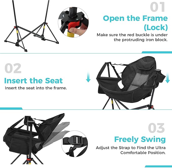 Ainfox Hammock Camping Chair Foldable Portable Rocking Chairs for Adults Outside Swinging Camp with Cup Holder Pillow for Outdoor Patio Poolside (Black)