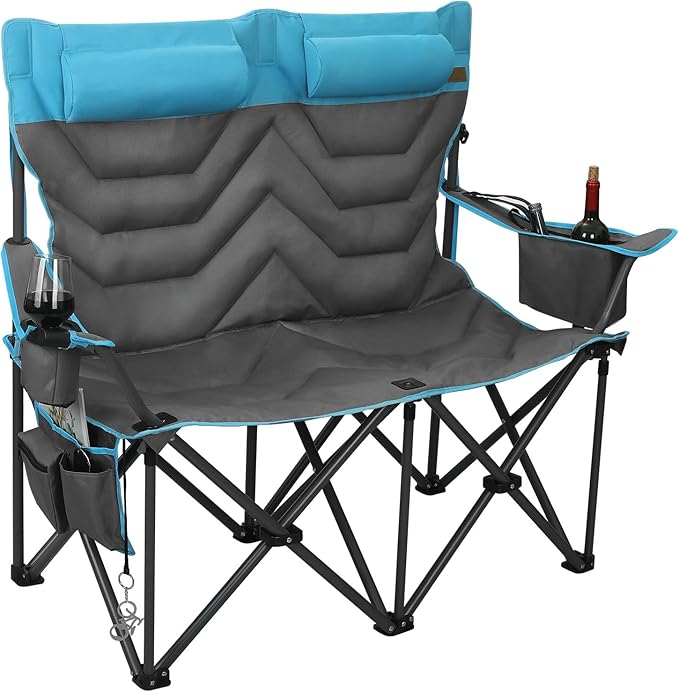 Oversized Double Camping Chair Heavy Duty Camping Loveseat Extra Tall 2 Person Lawn Chair for Adults Foldable Camping Chairs with Cup Holders Perfect for Outdoor Sports Backyard(Bluegray)