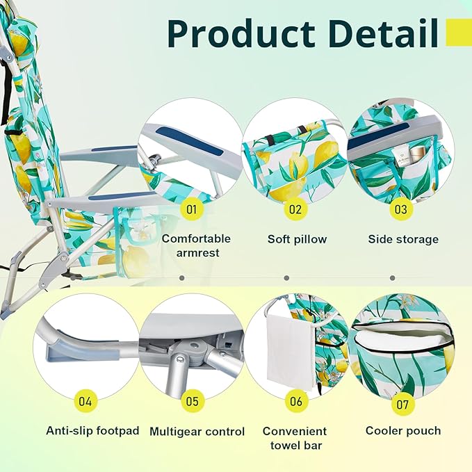 Backpack Beach Chairs for AdultsFolding Heavy Duty Camping Chair with Large Pockets and Cup HolderBeach Lounge Chairs with Towel Rack for OutdoorTravel (Lemon)