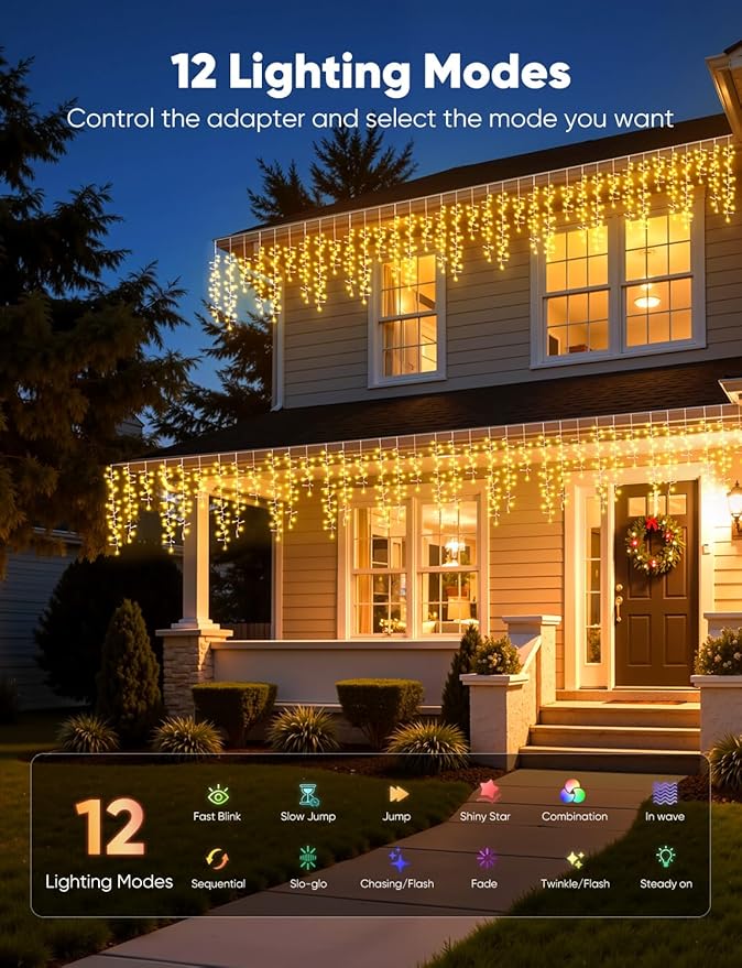 Brightown Icicle Christmas Lights Outdoor 33FT 1020 LED Cluster Icicle Lights with 51 Drop12 Mode Connectable Firecracker Light with Timer Waterproof Christmas Light Outdoor Warm White
