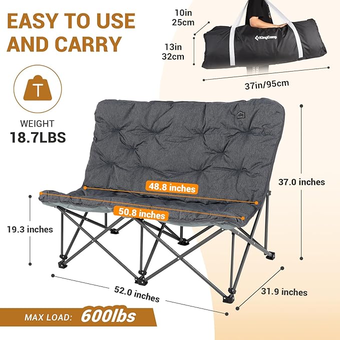KingCamp Double Camping Chair Oversized Padded Butterfly Chair Couch Portable Folding Loveseat 600lbs Heavy Duty Comfy Dorm Double Seat with High Back for Outdoor Indoor Patio Home Living Bed Room