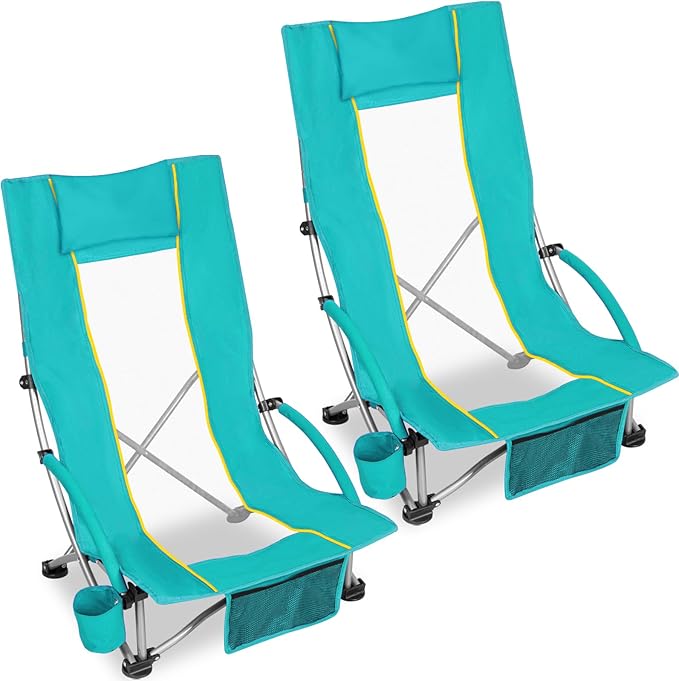 Romswi High Back Beach Chair Compact Lightweight Low Seat Camping Chair Fits in Suitcase 400lbs Heavy Duty Oversized Backpack Chair with Cup Holder &amp Storage Bag Green