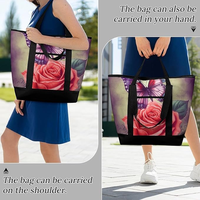 Insulated Shopping BagLarge Reusable Cooler Bags Butterfly And Rose Printed Foldable Shopping BagTravel Waterproof Shoulder Bag